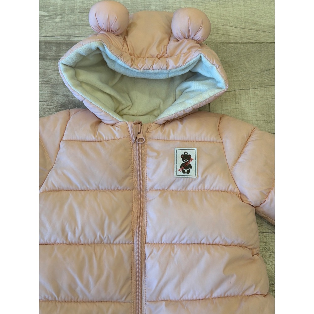 The Bear Kids Puffer Snowsuit Pink Hooded Bear Ears Fleece Lined One Piece 3-6M